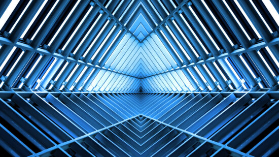 metal structure similar to spaceship interior in blue light
