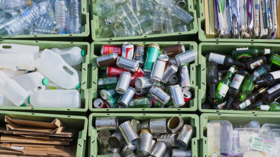 Close up of organized recycling bin